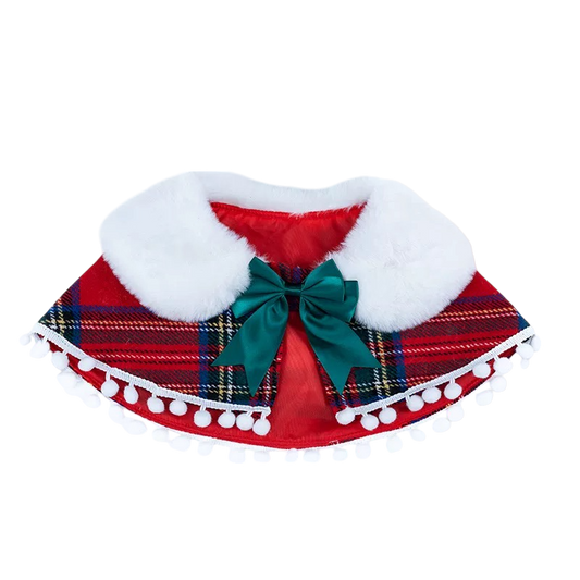 Holiday Tartan Pet Cape - Collar & Pom-Poms