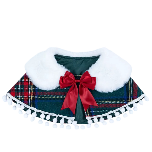 Holiday Tartan Pet Cape - Collar & Pom-Poms